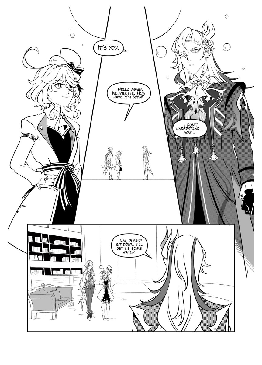 OrdinaryReese's tweet image. Furina and Arlecchino go to meet the Iudex. How will he react to seeing Focalors again? 

Page 13-15 of Love Flows By (Focalors Bodyswap AU)