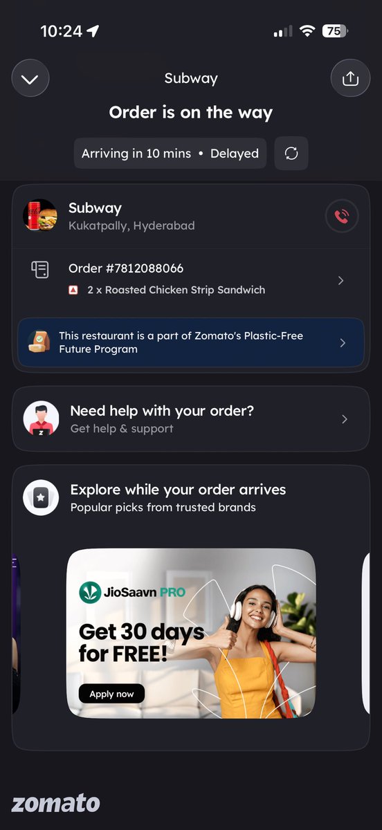 d_rdk's tweet photo. @zomatocare @deepigoyal for the attached order, connected with ur support team for the last 35 mins… ur delivery partner is not answering calls… hasnt moved from a particular spot for the last 30 mins… n no promptness from ur support team… how insensitive https://t.co/QYIK3biG5I