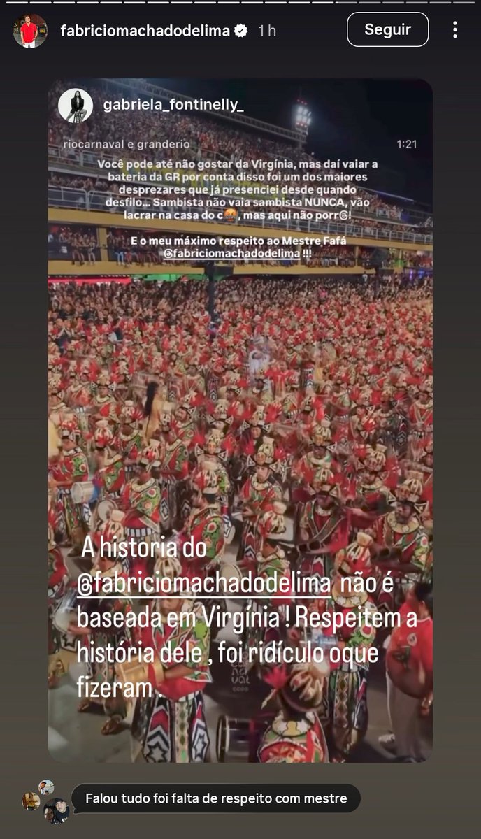 GiuliMedrado's tweet photo. Fabrício Machado, o Fafá, mestre de bateria da Grande Rio repostou um storie com a seguinte legenda: "A história do Fafá não é baseada em Virgínia, respeitem a história dele, foi ridículo que fizeram". 👀
Em alguns momentos Virgínia foi vaiada na Sapucaí enquanto desfilava. https://t.co/yWhBZw875j