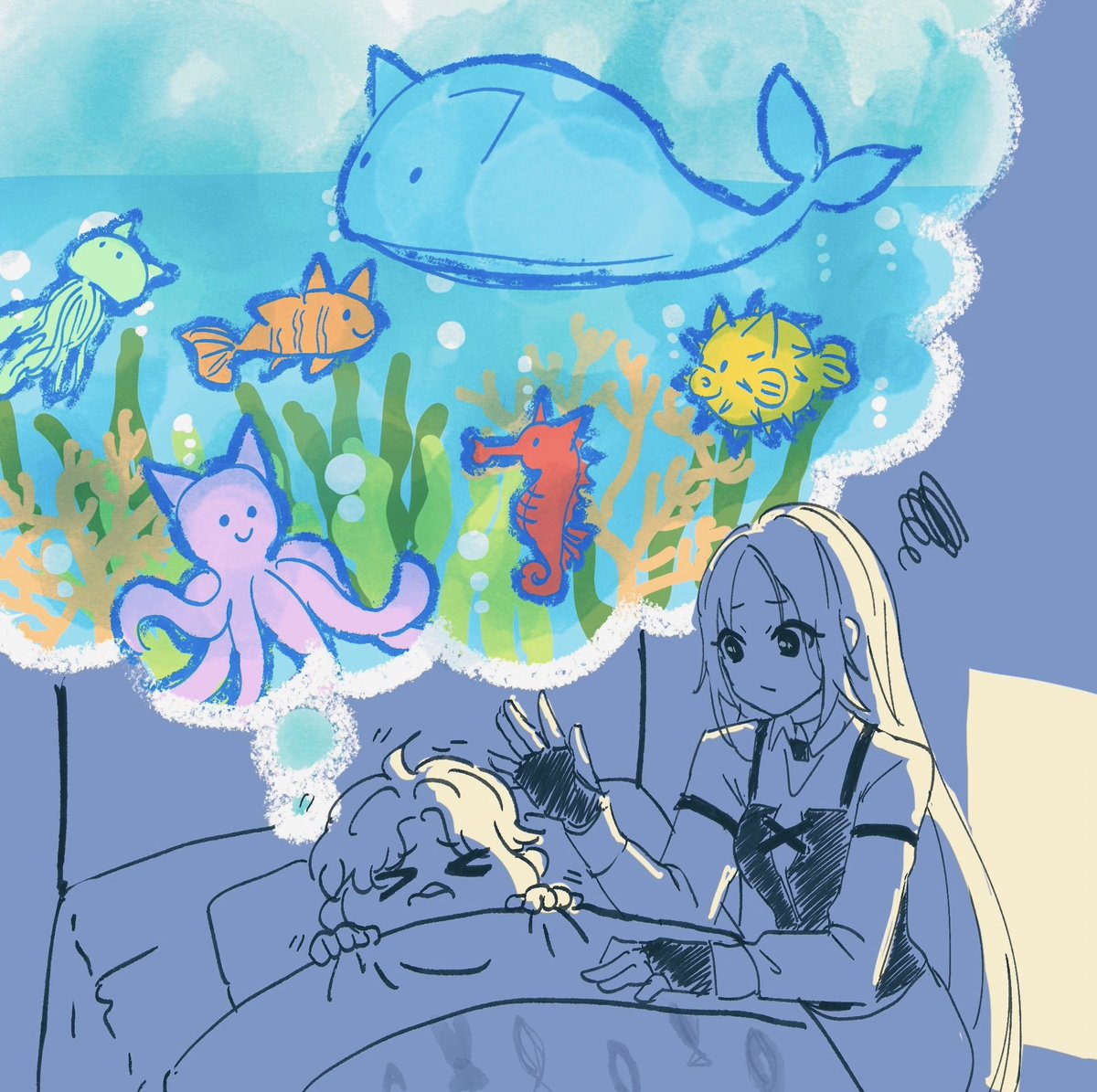 AcquaShiro's tweet image. 📝お絵描きリハビリ30日チャレンジ
DAY-18

🐈悪夢見るお魚さん

🐟ぜ、全部猫になってるぅう(╯д ╰,)
主 ホムラ、大丈夫？