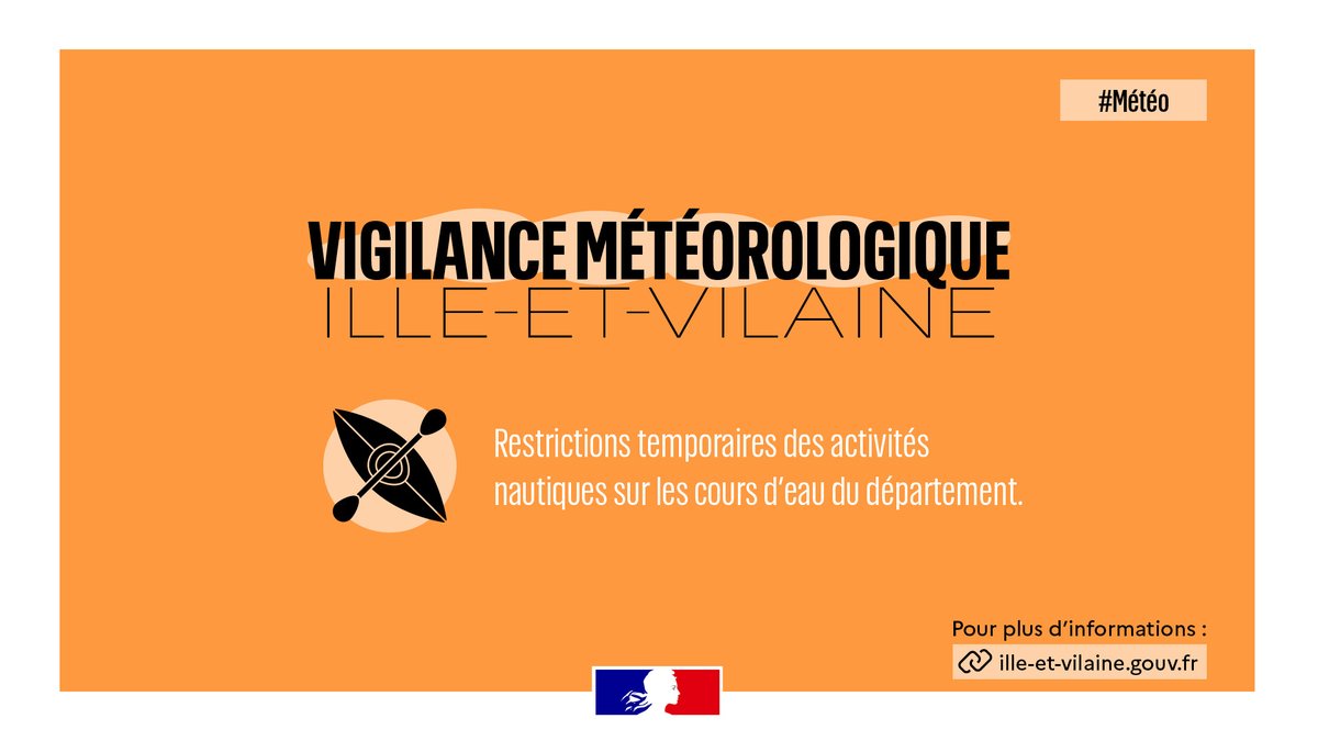 bretagnegouv's tweet photo. #Sécurité | 🟠 En #IlleEtVilaine la préfecture interdit temporairement la navigation &amp; la location de canoës-kayaks ou toute autre embarcation assimilée sur l’ensemble des cours d’eau.

⚠️ Mesure en vigueur jusqu’à la levée de la vigilance orange crues

🗞️ https://t.co/uAKHYXQ0iD https://t.co/j5R5QNSVmf
