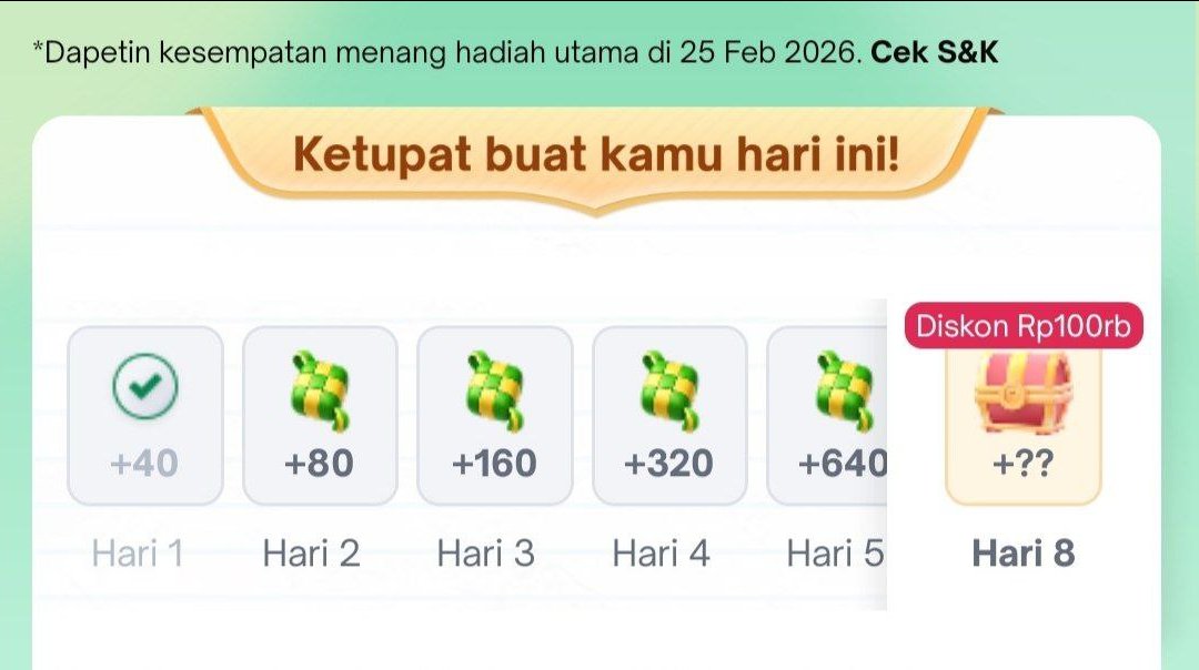 jangan lupa check-in Tokopedia Kejar Ketupat 

tk.tokopedia.com/ZSmkpn4w2
(hanya muncul di pengguna tertentu)