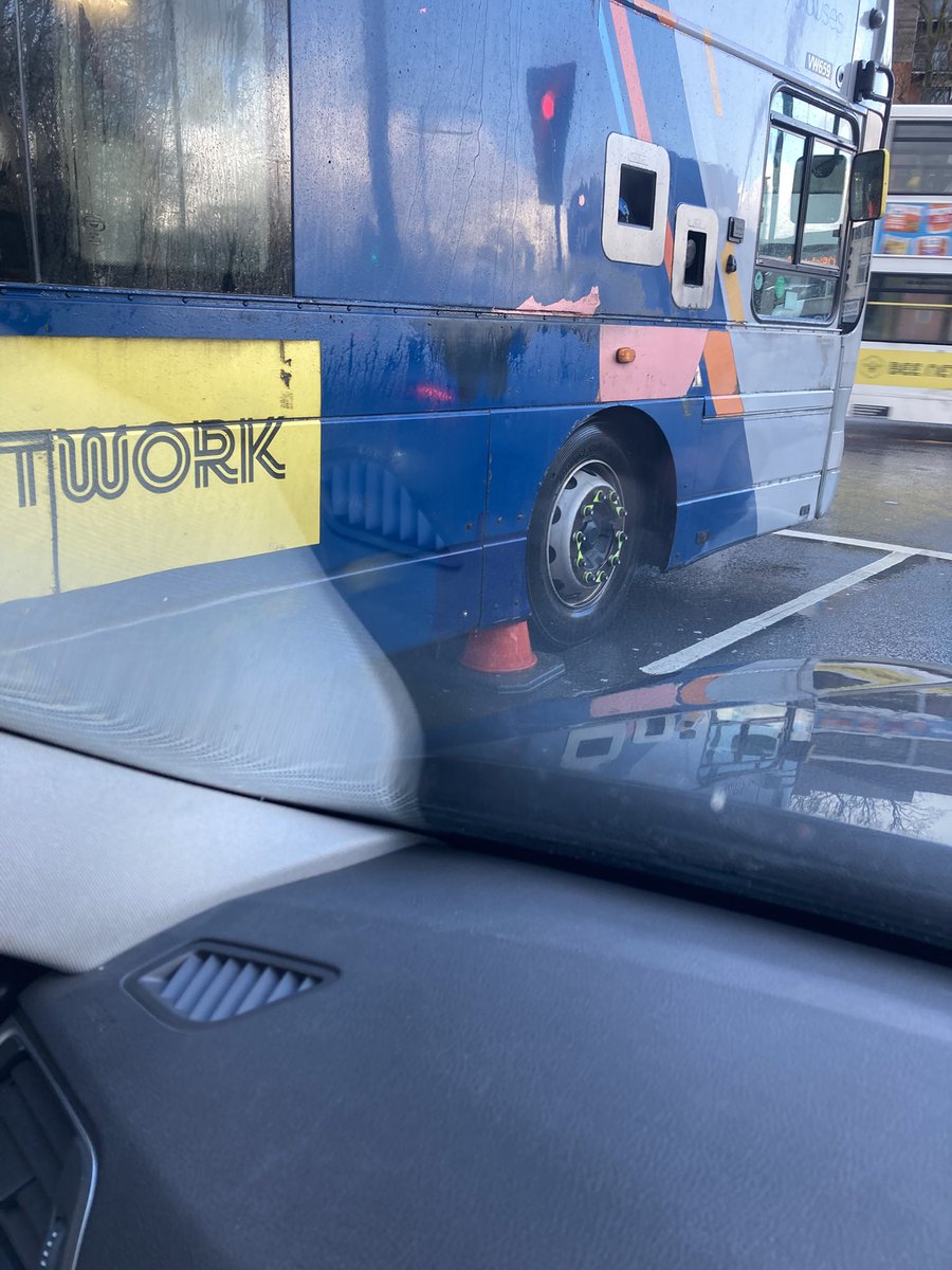 Oh dear, this bus has been travelling along for some time now with a road cone stuck behind its front wheel🤣