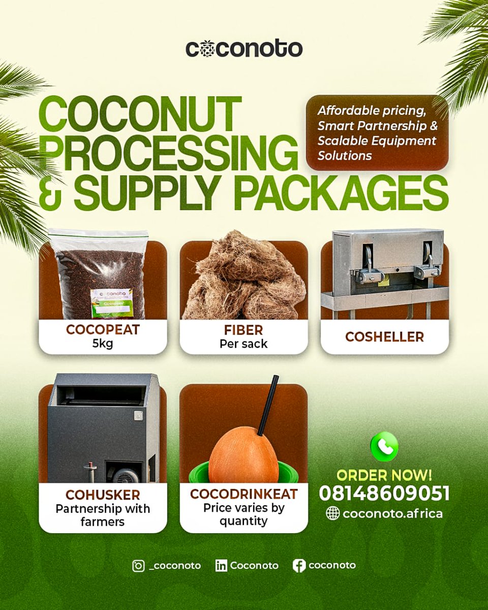 CoconotoAfrica's tweet photo. π΄ Build Smarter. Process Better. Scale Faster
Coconoto delivers complete coconut innovation and supply solutions for farmers, agro-entrepreneurs, and growing businesses.
#Coconoto #CoconutProcessing #AgroInnovation #SustainableAgriculture #CircularEconomy #AgribusinessAfrica https://t.co/PFwmUXAojg