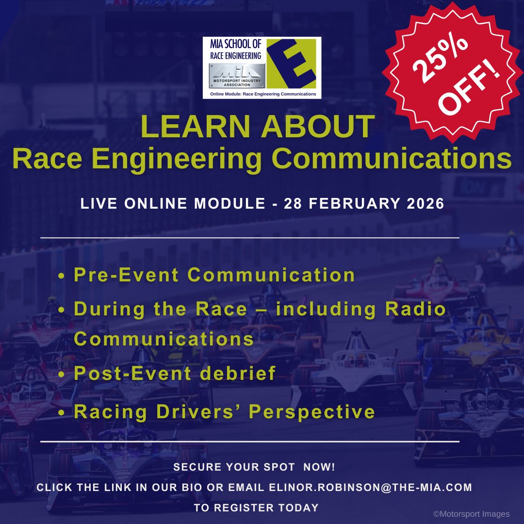 BE QUICK! 💨 The next 5 people to register for the Race Engineering Communications online module will receive 25% off with the code social25

HURRY! Register now and join us on 28 February ➡️ bit.ly/4apWZDL

#MIARaceEngineer