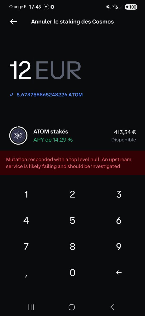 conseilsdencule's tweet photo. J'avais acheté 394€ de Cosmos ; il est monté et comme par hasard lorsque je veux le destaker, lr systéme m'en empêche .... 
Qqn sait comment résoudre ça ??
#Cosmos #CryptoTrading #bitcoin https://t.co/x5zRWToI39