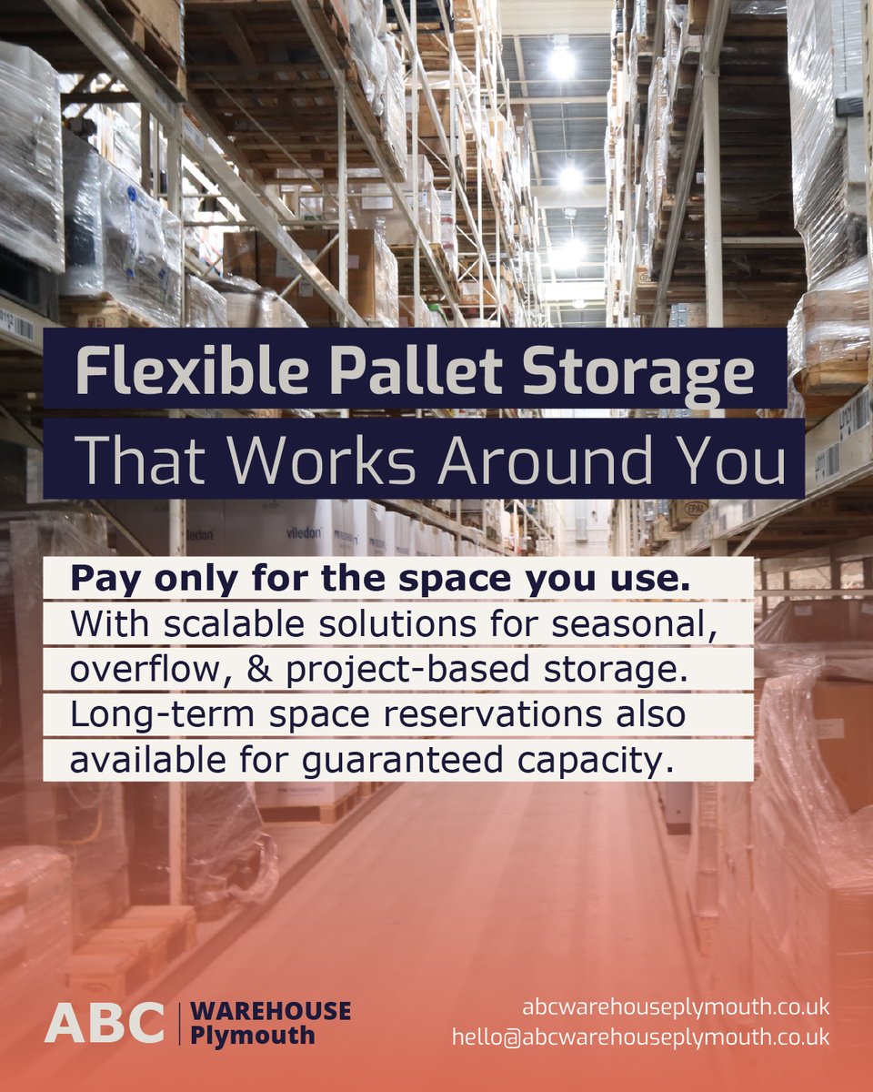 ABCWarehousePly's tweet image. Flexible pallet storage in Plymouth.

Pay only for the space you use — ideal for seasonal stock, overflow &amp;amp; projects.

Longer-term space reservations, also available for guaranteed capacity.

#PalletStorage #Plymouth #WarehouseStorage