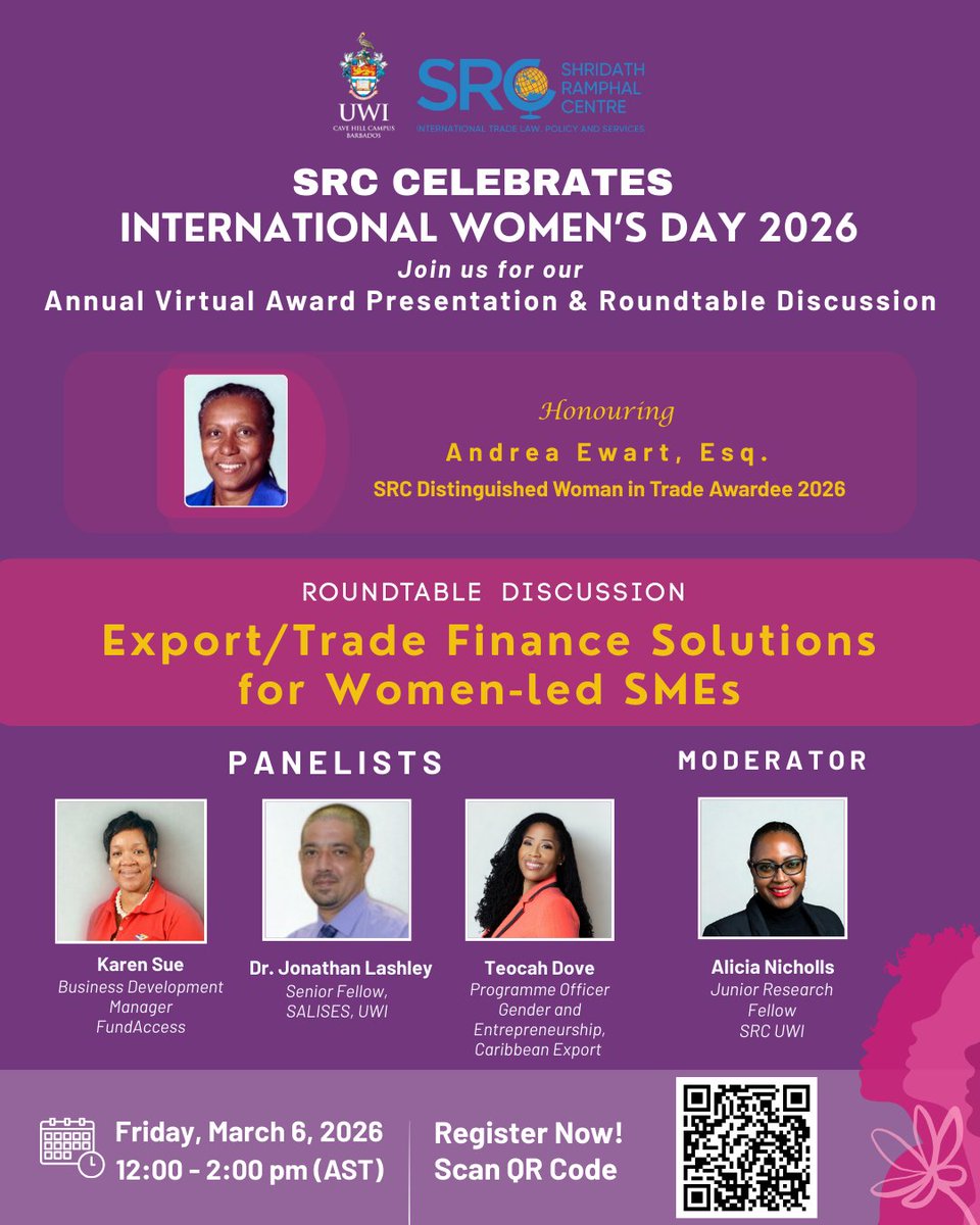 uwisrc's tweet photo. Celebrating #IWD2026! Join the SRC as we honour Andrea Ewart, Esq. &amp; discuss export financing for women-led SMEs.

📅 March 6 | 12-2 PM AST

Expert panel on funding solutions to scale your business globally.

Register: https://t.co/txtJt1Lipd
#WomenInTrade #CaribbeanTrade https://t.co/dbYscNZGpZ