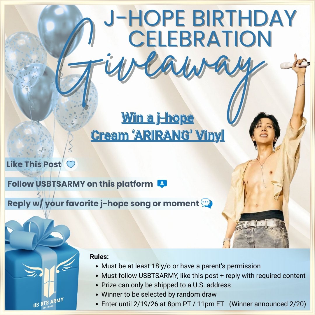 USBTSARMY's tweet photo. [🎁] j-hope Birthday Celebration Giveaway!

A special surprise in celebration of j-hope's birthday - a cream ‘ARIRANG’ Vinyl giveaway💿

To enter the drawing:
☑️Like this post
☑️Follow us
☑️Reply with your favorite j-hope song or moment

#HappyBirthdayjhope https://t.co/0ykCVg8Otv