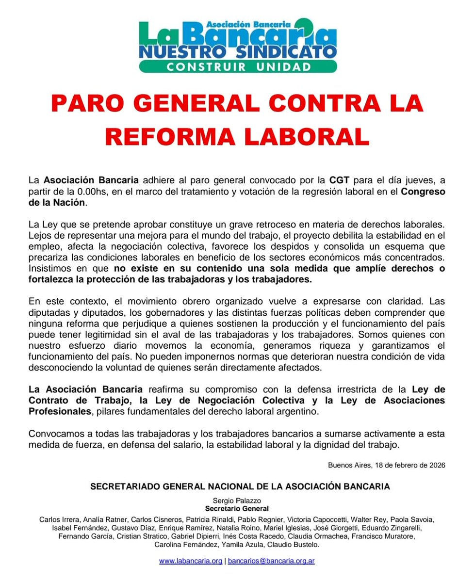 PARO GENERAL CONTRA LA REFORMA LABORAL

La Asociación Bancaria adhiere al paro general convocado por la CGT para el día jueves, a partir de la 0.00hs, en el marco del tratamiento y votación de la regresión laboral en el Congreso de la Nación.