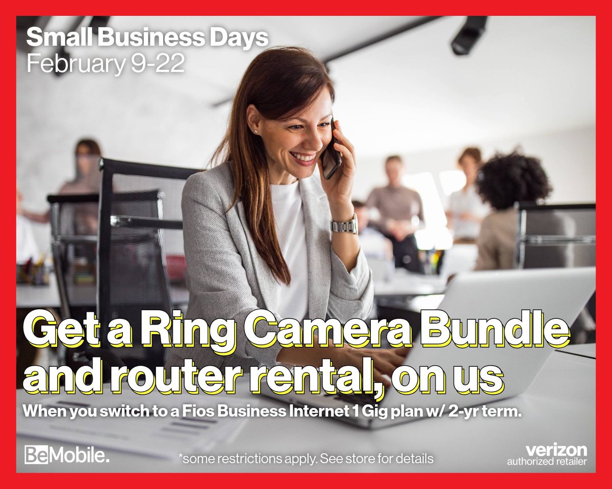 BeMobileInc's tweet image. Switch to Fios Business Internet 1 Gig and get a Ring camera bundle and router rental included with your 2-year term.💡 Stop by your neighborhood Verizon to see if Fios is available for your business. bemobile.com/locations/ 

#BusinessInternet #SmartSecurity #NeighborhoodVerizon
