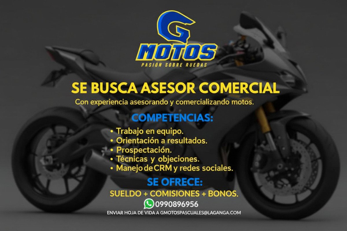 Convocatoria laboral.

Importante grupo empresarial busca:
Asesor comercial para retail con experiencia en ventas de motocicletas, #Shineray, #Suzuki, #Tuko, #Bajaj, #Daytona