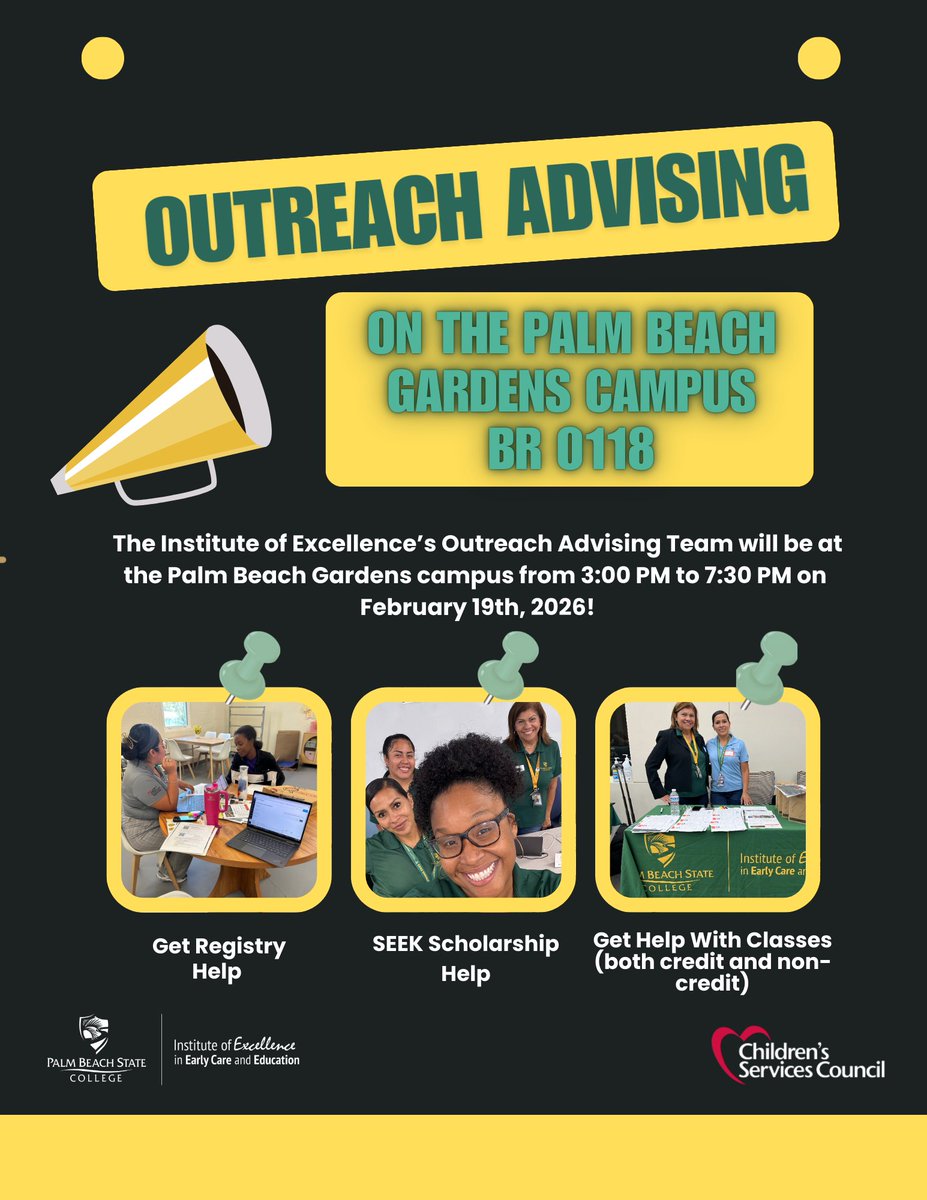 PBSCEarlyCare's tweet image. Tomorrow! The Institute of Excellence’s Outreach Advising Team will be at the Palm Beach Gardens campus from 3:00 PM to 7:30 PM on February 19! If you are in the Gardens area, come out and get all the help you need!
#mypbsc #ece #inspiringsuccess