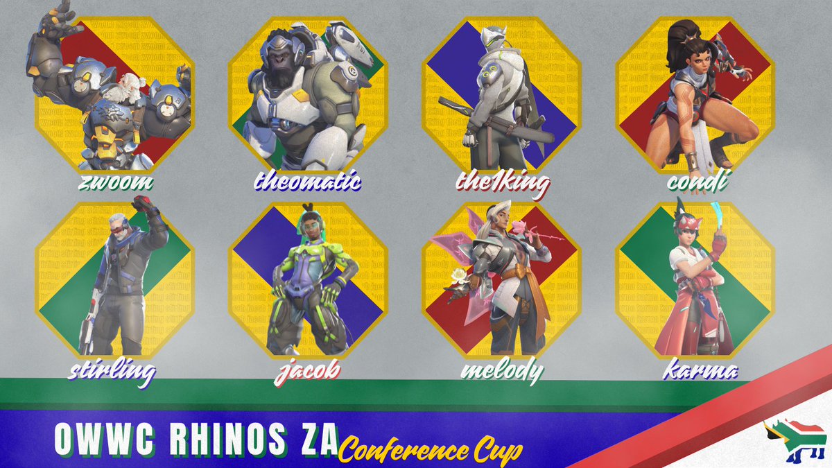 OWWCRhinosZA's tweet image. The moment we've been waiting for is (finally) here...

Welcome to the Rhinos' Conference Cup Roster! 🇿🇦

🛡️: @Zwoom739 
🛡️: @TheomaticJr 
⚔️: @Im_The1King 
⚔️: @iAmCondi 
⚔️: @StirlingAims 
💉: @owJacob 
💉: @Melodyy_ow 
💉: @karmacarbonate 

@OW_Esports #OWWC2026 #ZARhinos 🇿🇦🦏