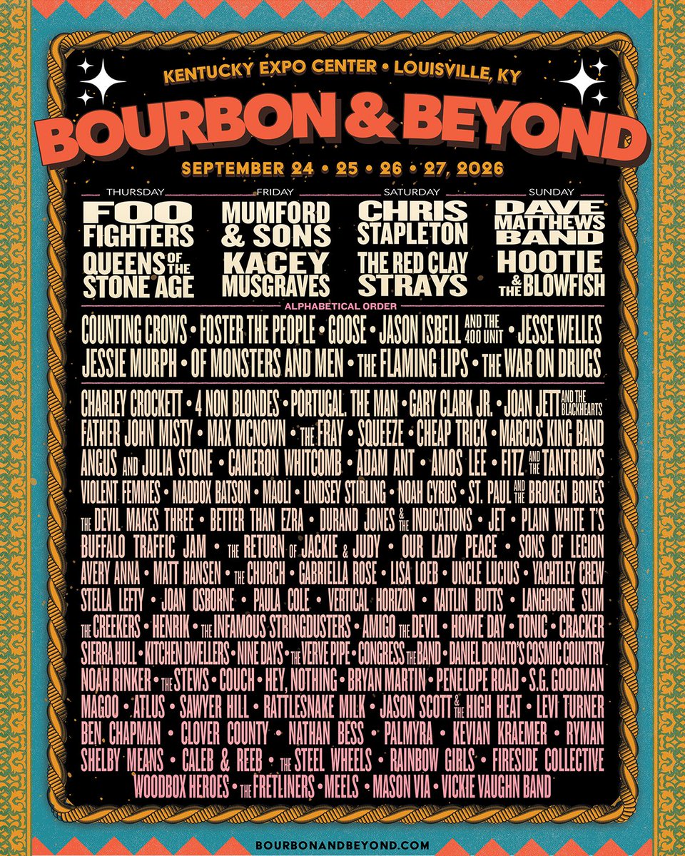 VerticalHorizon's tweet photo. Louisville, KY! We’re thrilled to be part of this amazing lineup for @BourbonNBeyond in September!

4-Day and Single-Day passes are on sale now!

Festival information: https://t.co/oRyPbAsCUQ https://t.co/62KT0tJCCy