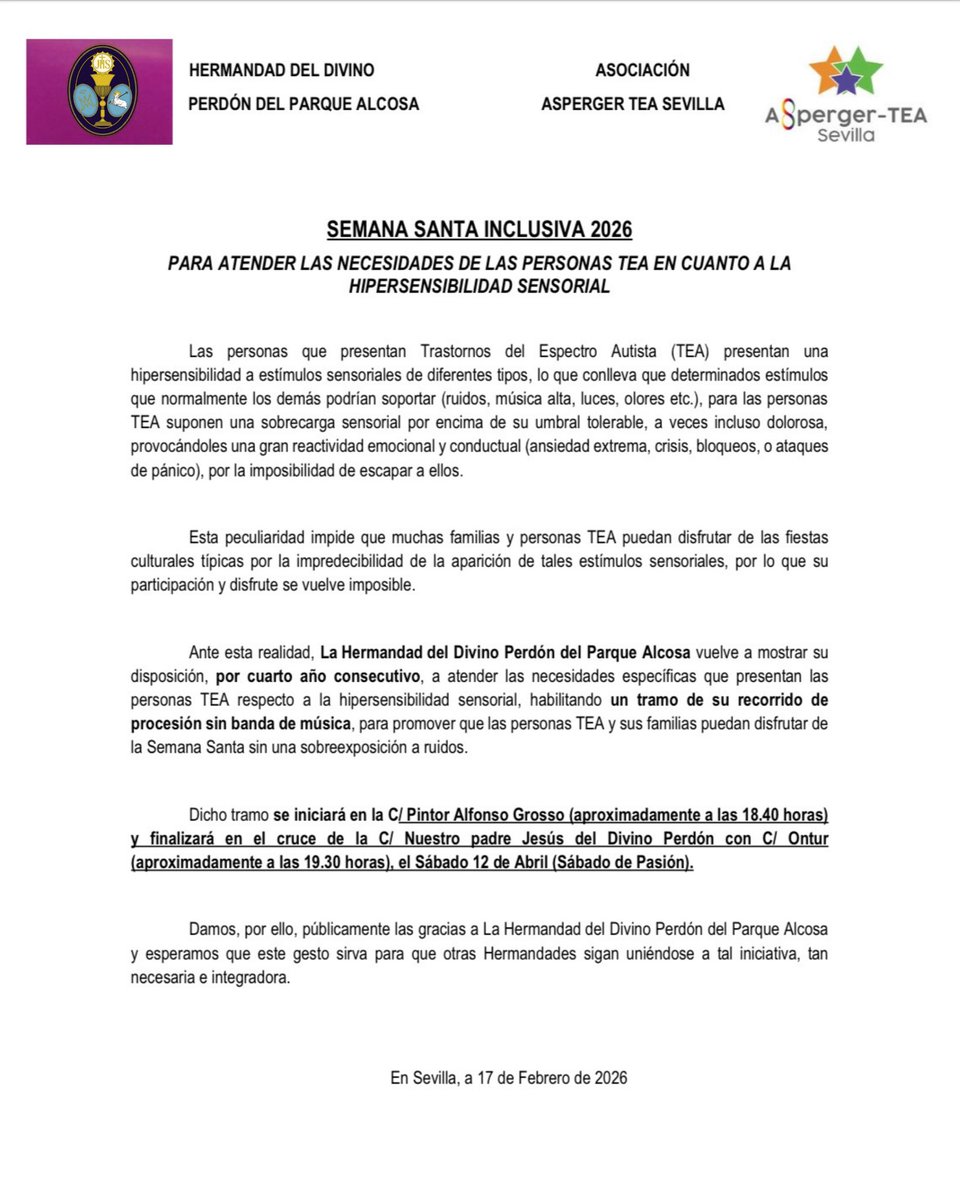 HdaDivinoPerdon's tweet photo. 🟣⚫️ Éste #SábadoDePasión, nuestra Hdad renueva con @AspergerSevilla el acuerdo de colaboración, habilitando una zona del recorrido donde nuestros Titulares procesionarán sin música, atendiendo así a las necesidades de las personas con trastorno TEA e hipersensibilidad sensorial. https://t.co/NnUoANCgUR