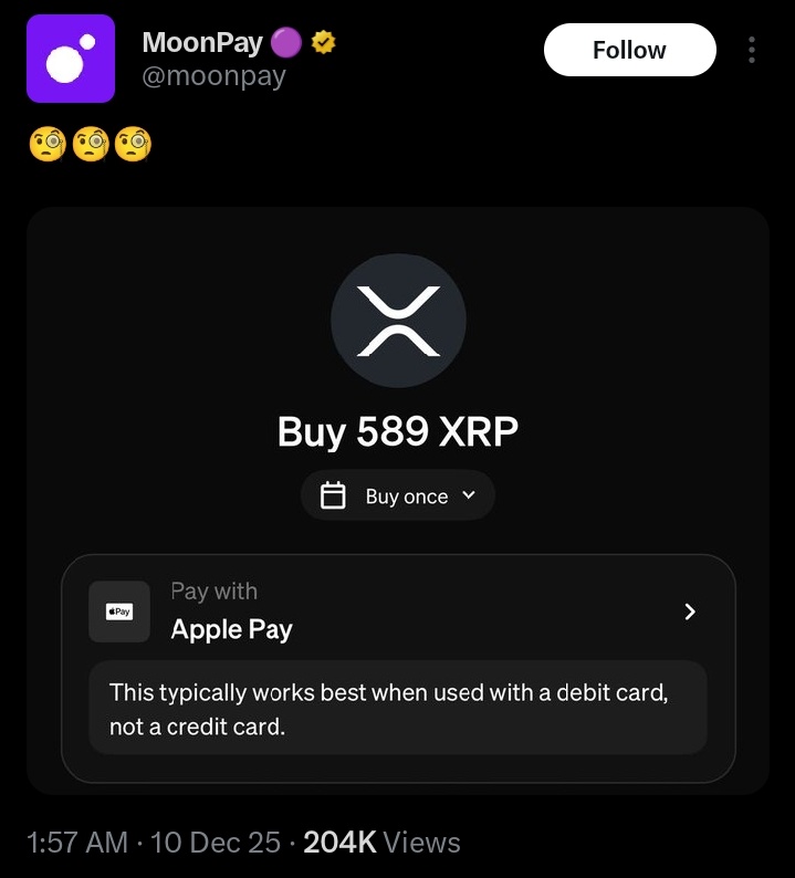 Eze_Wilberforce's tweet photo. - XRP CEO @bgarlinghouse joined 𝕏, back in 2009. Since then, he has followed exactly 589 accounts, and whenever that number changes, he adjusts it back to 589.

- @Ripple acquired a company whose headquarters is located at 589 Fifth Avenue in New York.

- There are also trademark and patent filings of Ripple tied to addresses or references containing 589.

- On December 8, 2025, @solana official account posted a single number: 589.
 It quickly became their most viewed post ever on 𝕏, generating millions of views. Just days later, Solana followed up with a post directly referencing XRP, including a reworked meme featuring XRP elements.

- Two days after @solana viral 589 post, @moonpay publicly shared a screenshot of buying exactly 589 XRP via Apple Pay, complete with thinking face emojis that fueled even more speculation.

- As I have shared here before, the number 589 holds a special role in theories about the new financial system and XRP’s potential place in it.

- Numerically, 5 + 8 + 9 = 22, often referred to in numerology as a "master number" associated with transformation and major shifts.

- The images attached are proof of this. A lot is going on behind the scenes that you have no knowledge about.

I will dive deeper into this soon. Turn on your notifications.