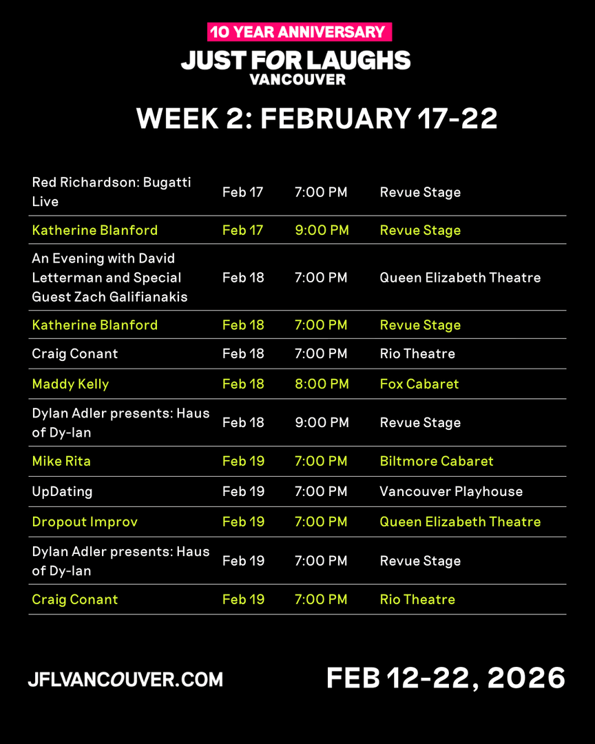 JFLVancouver's tweet photo. Week 2, no slowing down 💥
#JFLVAN is in full swing with more headliners, more laughs, more shows citywide. Get in while you can 🎤 https://t.co/YN98XEi1KF https://t.co/PNnEtbHffs