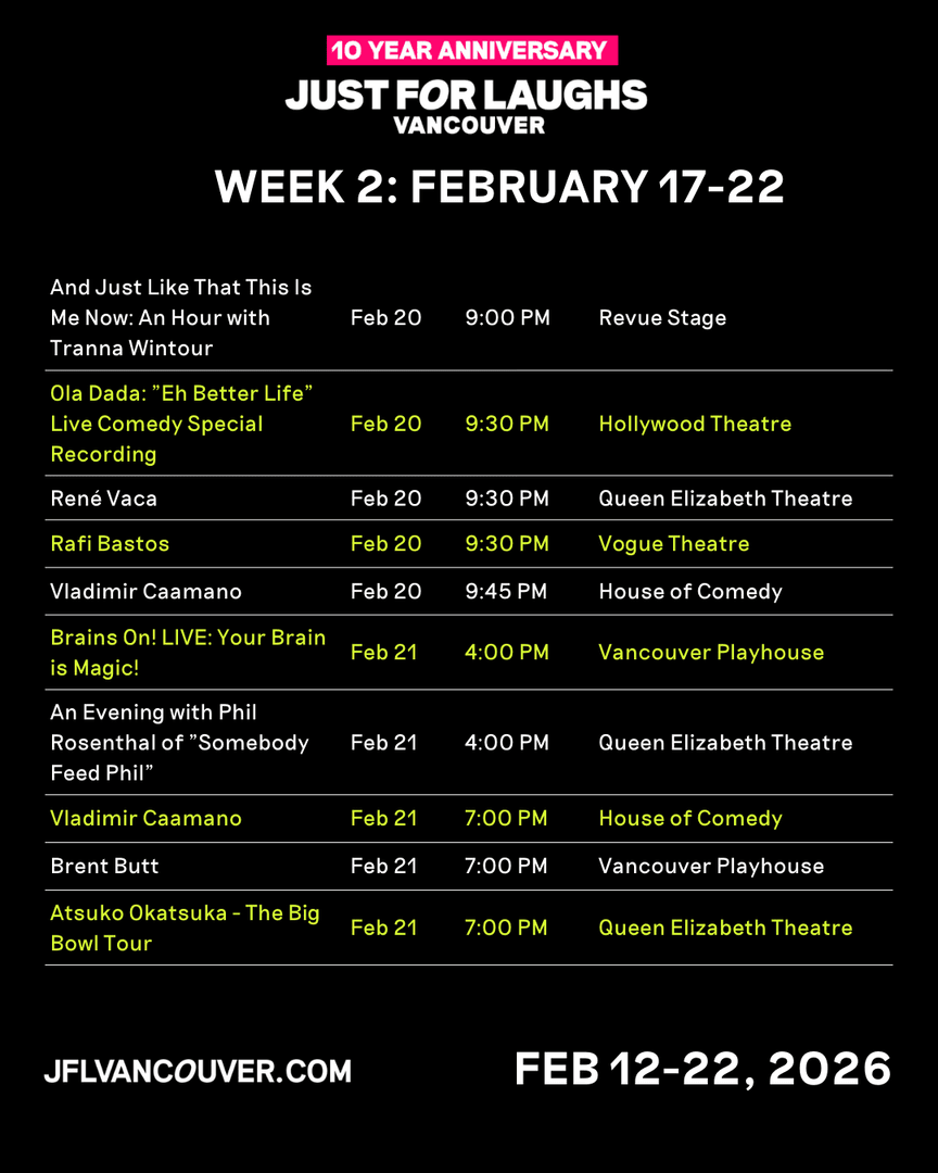 JFLVancouver's tweet photo. Week 2, no slowing down 💥
#JFLVAN is in full swing with more headliners, more laughs, more shows citywide. Get in while you can 🎤 https://t.co/YN98XEi1KF https://t.co/PNnEtbHffs