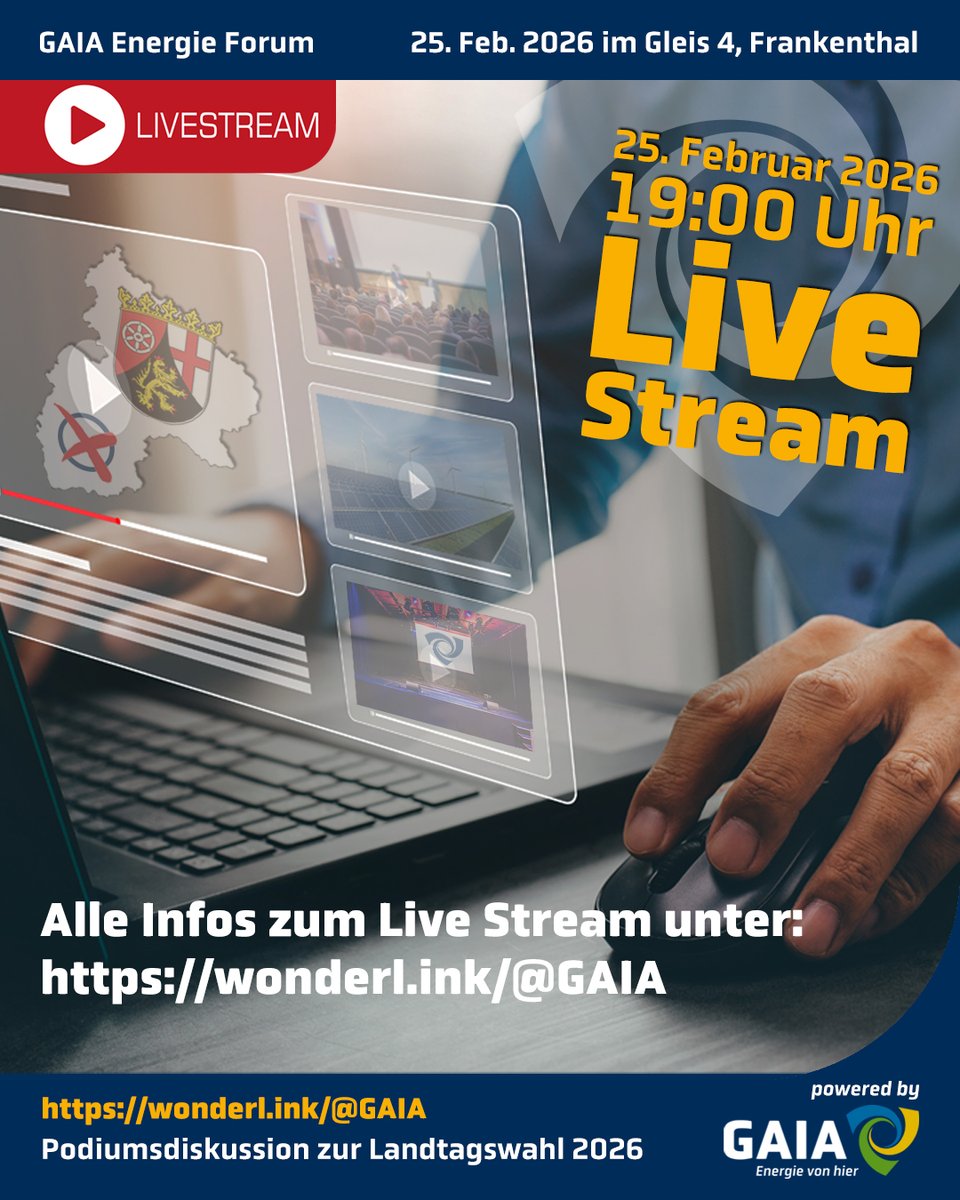 GAIAeE's tweet photo. Erleben Sie die energiepolitische Diskussion des Jahres live im Gleis4! Am 25. Februar lädt das GAIA Energie Forum zur Podiumsdiskussion nach Frankenthal ein. 
👉 Jetzt kostenlosen Platz im Gleis4  oder im Stream sichern! https://t.co/pvEKAJYjir 
#Landtagswahl2026 #Rheinlandpfalz https://t.co/z6d4NTP8Lb