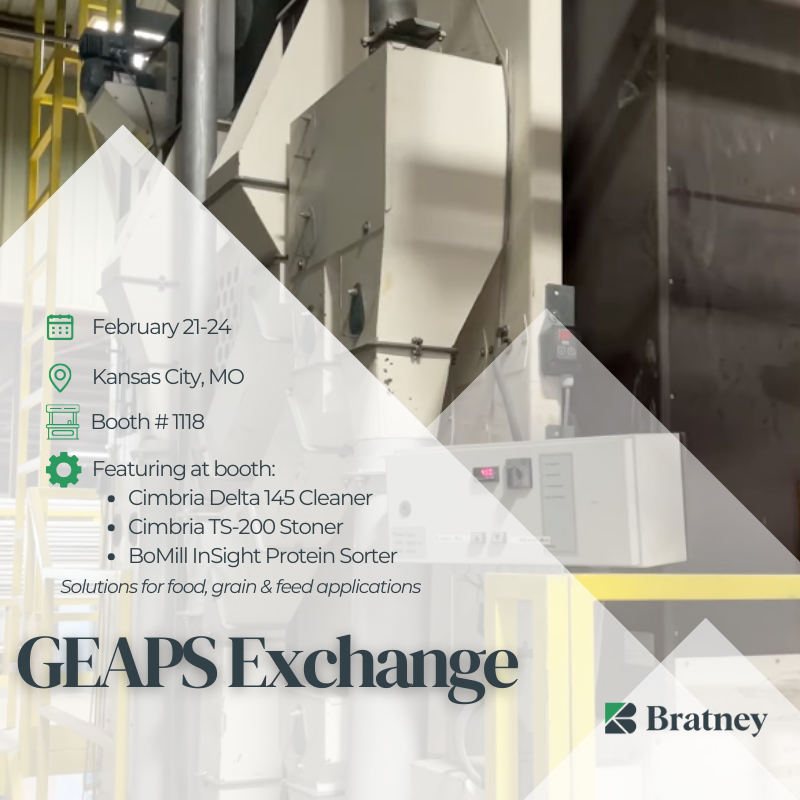 Headed to GEAPS Exchange? Join us in Kansas City, Feb 21–24 at Booth #1118.

See the Cimbria Delta 145 Cleaner, TS-200 Stoner, and BoMill InSight Protein Sorter - solutions used across food, grain, and feed operations.
#GEAPS #Bratney