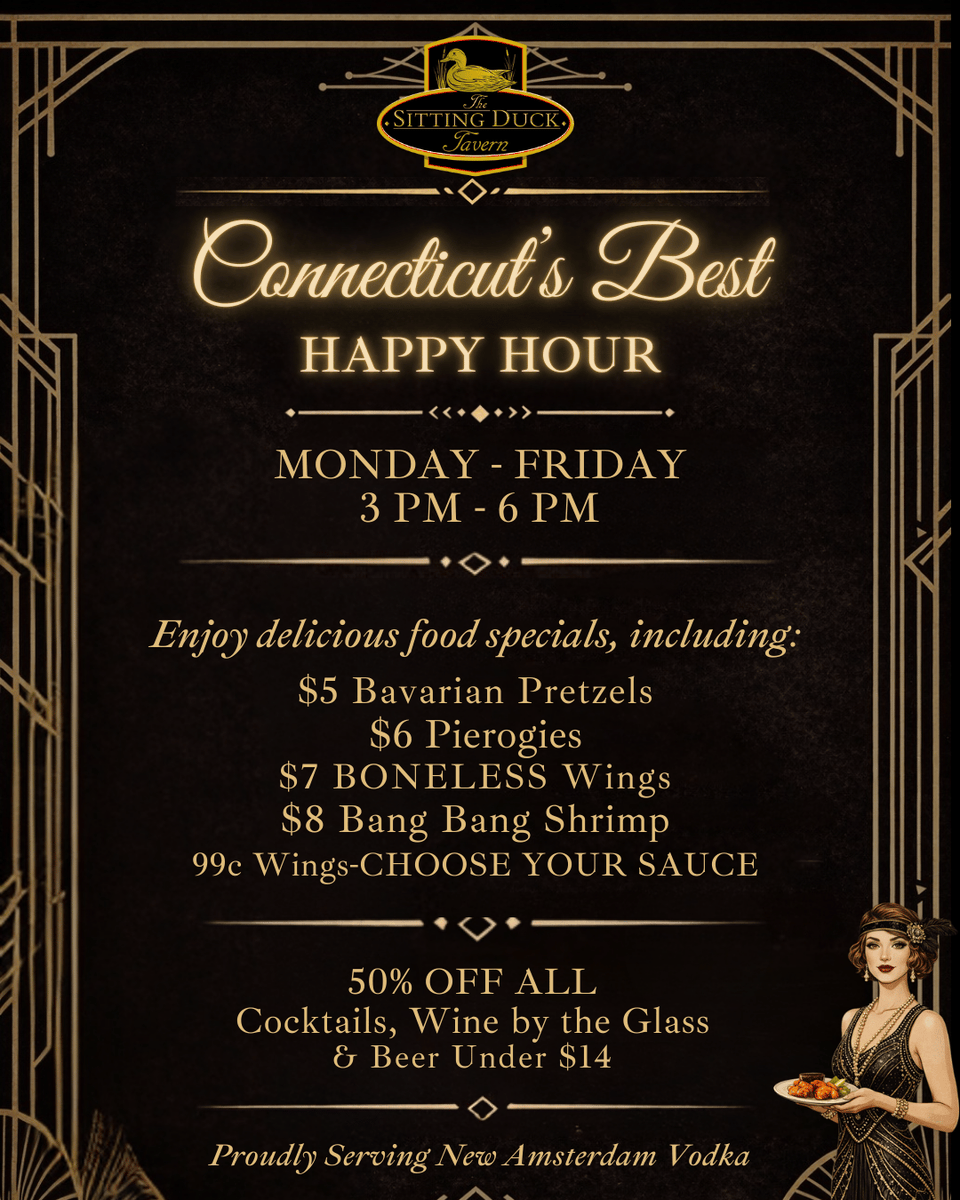 Connecticut's best Happy Hour is calling! Join us Monday - Friday, 3 PM - 6 PM for quality drinks and community vibes. 

It's the perfect local spot to unwind after work.
sittingducktavern.com

#SittingDuckTavern #CommunityFirst #LocalEats #OxfordCT #StratfordCT #TrumbullCT