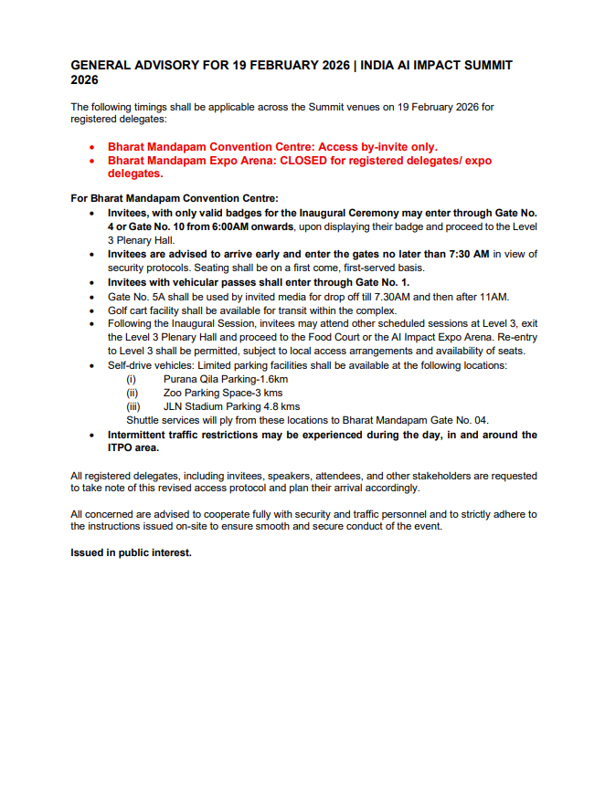 AIRNewsHindi's tweet image. India AI ने एडवाइजरी जारी करते हुए बताया है कि कल आम लोगों के लिए एक्सपो बंद रहेगा और केवल विशेष आमंत्रित लोगों को ही प्रवेश की अनुमति होगी।

#IndiaAIImpactSummit2026 #Advisory