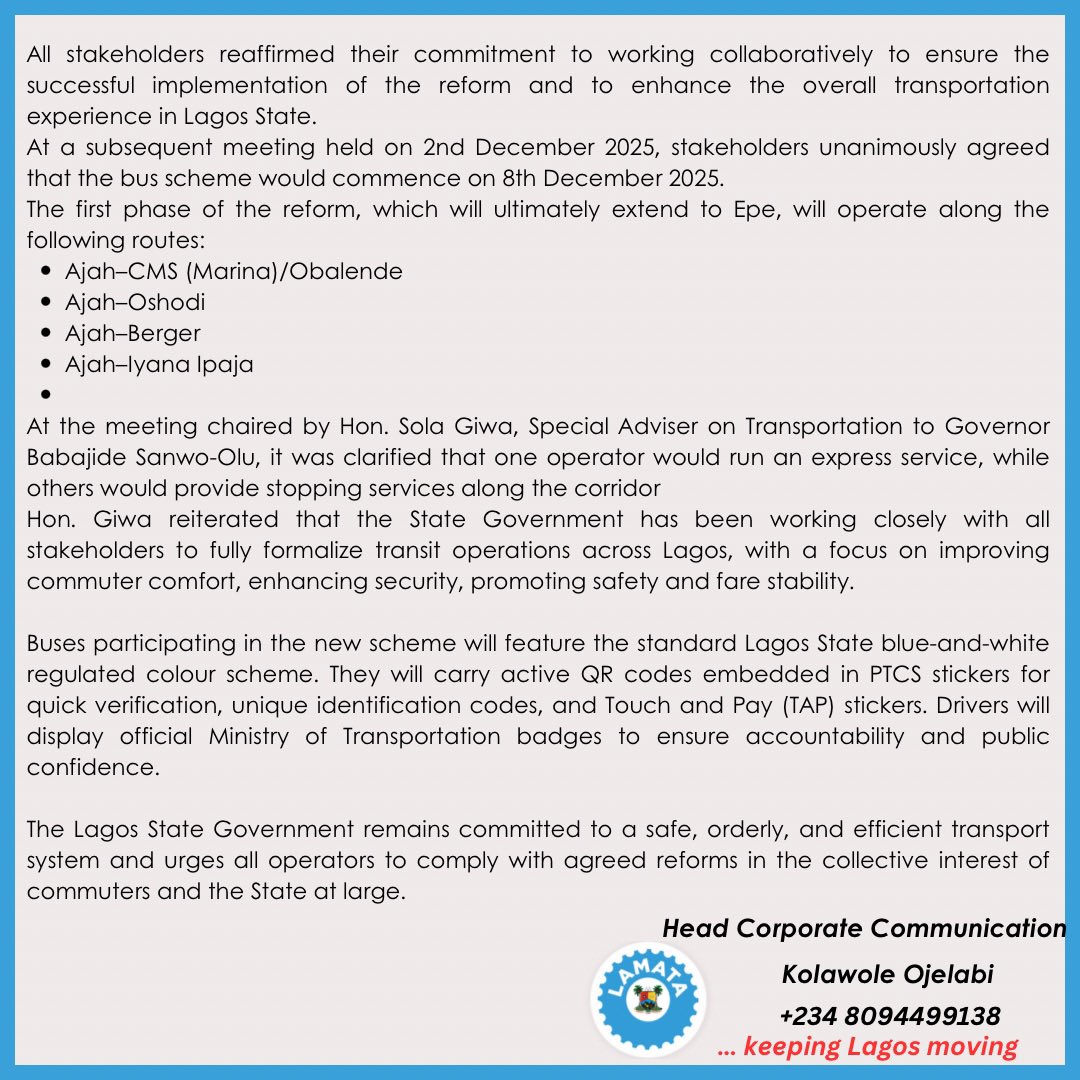 Lagos State Government Condemns Blockade of Lekki-Epe Expressway by Korope Operators, Reaffirms Commitment to Bus Reform Initiative
#LAMATA #keepinLagosmoving #lasg
