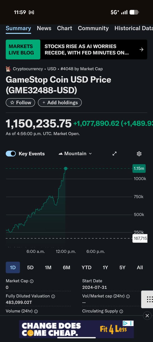 Only_Pangs's tweet photo. $GME goes to $500 omfg if we don't turn off the buy button the markets going to crash and financial regulators come up and starts screaming we're all gonna go bankrupt. 

GME coin goes to $1,150,000 a coin, no one bats an eye.

Yo @elonmusk you seeing this? 🚀 https://t.co/1Ykcbv00ZZ