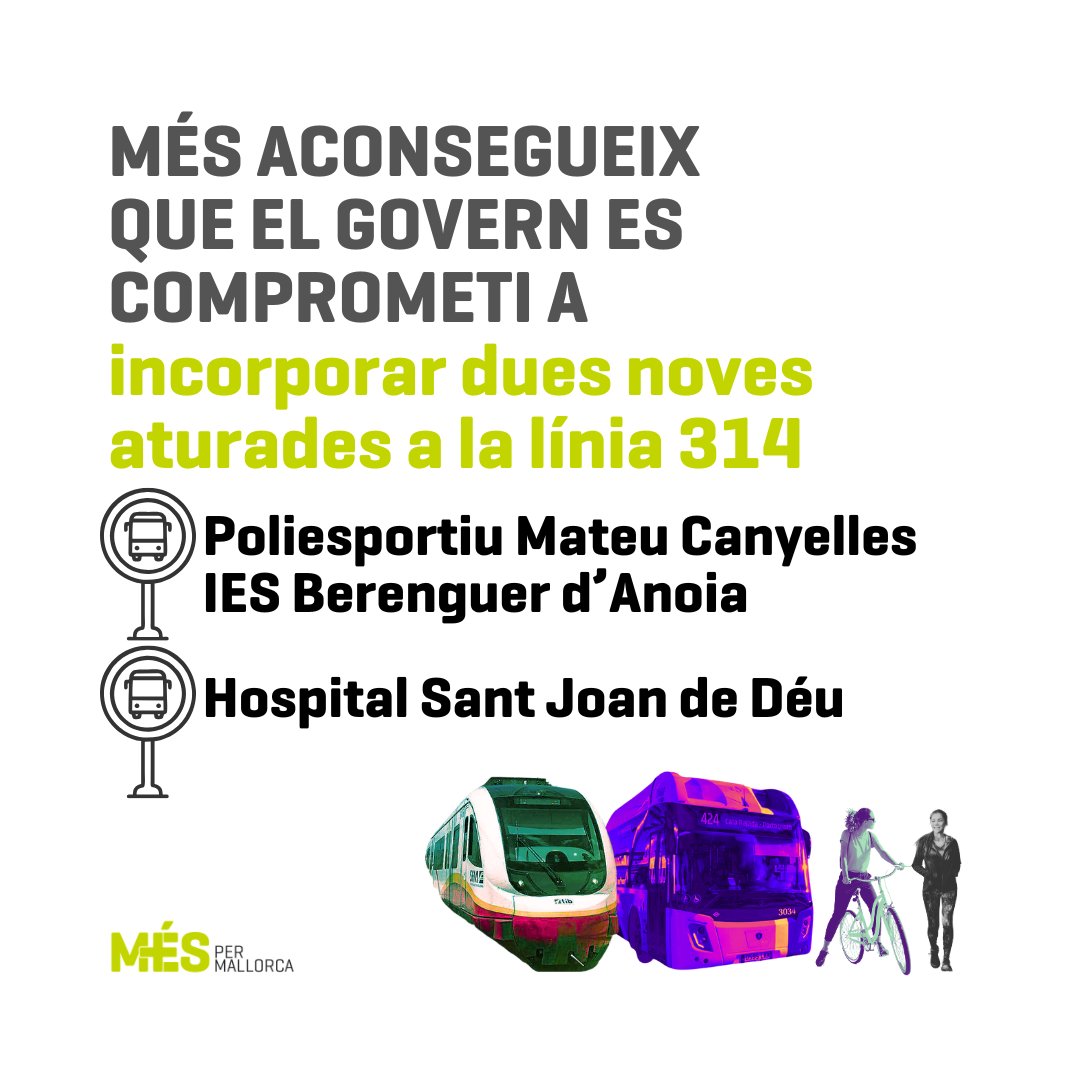 🚍 MÉS impulsa dues noves aturades de la línia 314 a Inca:

📍 IES Berenguer d’Anoia / Poliesportiu
🏥 Hospital Sant Joan de Déu

És voluntat política. I és sentit comú.

#TransportPúblic #Mobilitat #MÉSperMallorca