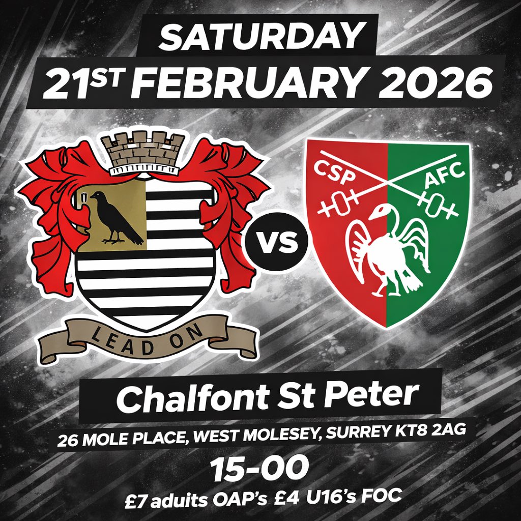 📆 Saturday 21st February 2026
🏆 <a href="/ComCoFL/">Combined Counties Football League</a> 
🆚<a href="/csp_afc/">Chalfont St Peter</a> 
🏟️ 26 MOLE PLACE, WEST MOLESEY, SURREY KT8 2AG
🕰️ 15-00
🎟️ £7 adults OAP’s £4 U16’s FOC
