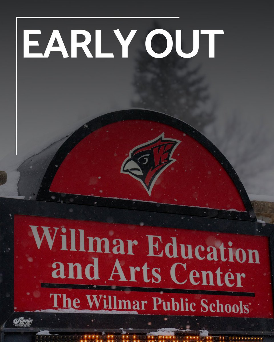 ISD347's tweet image. ❄️ Weather Update ❄️

Willmar Public Schools will close 3 hours early today due to weather.

❌ No after-school activities
❌ No PM preschool (Kennedy &amp;amp; JLC)
✅ Cardinal Place remains open unless otherwise notified

Stay safe!

#WillmarPublicSchools #EarlyOut #WeatherUpdate