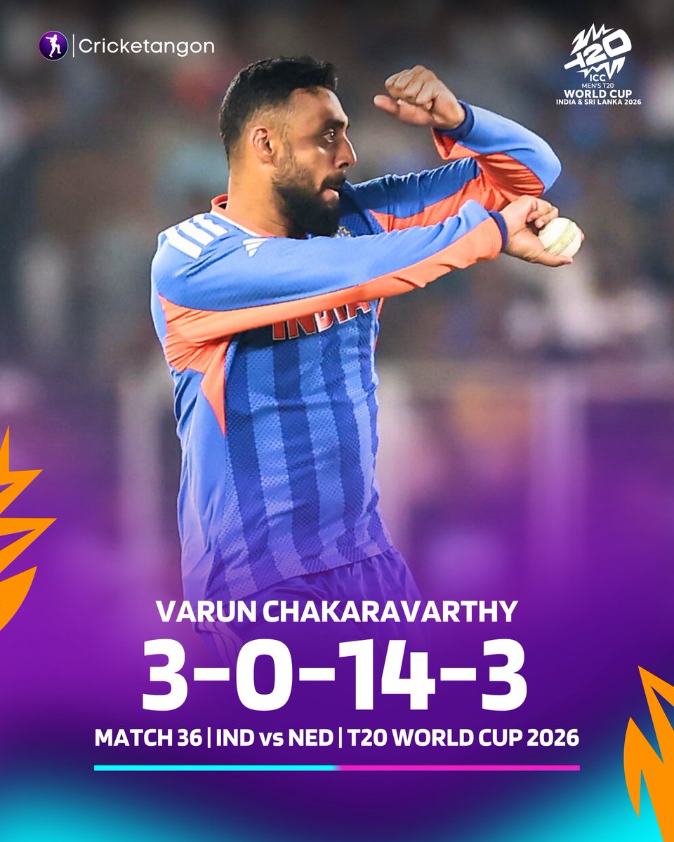 cricketangon's tweet image. 3 wickets in 3 overs 🔥

Varun Chakaravarthy, the number one T20I bowler in the world for a reason! 👏🏻

#T20WorldCup | #INDvNED