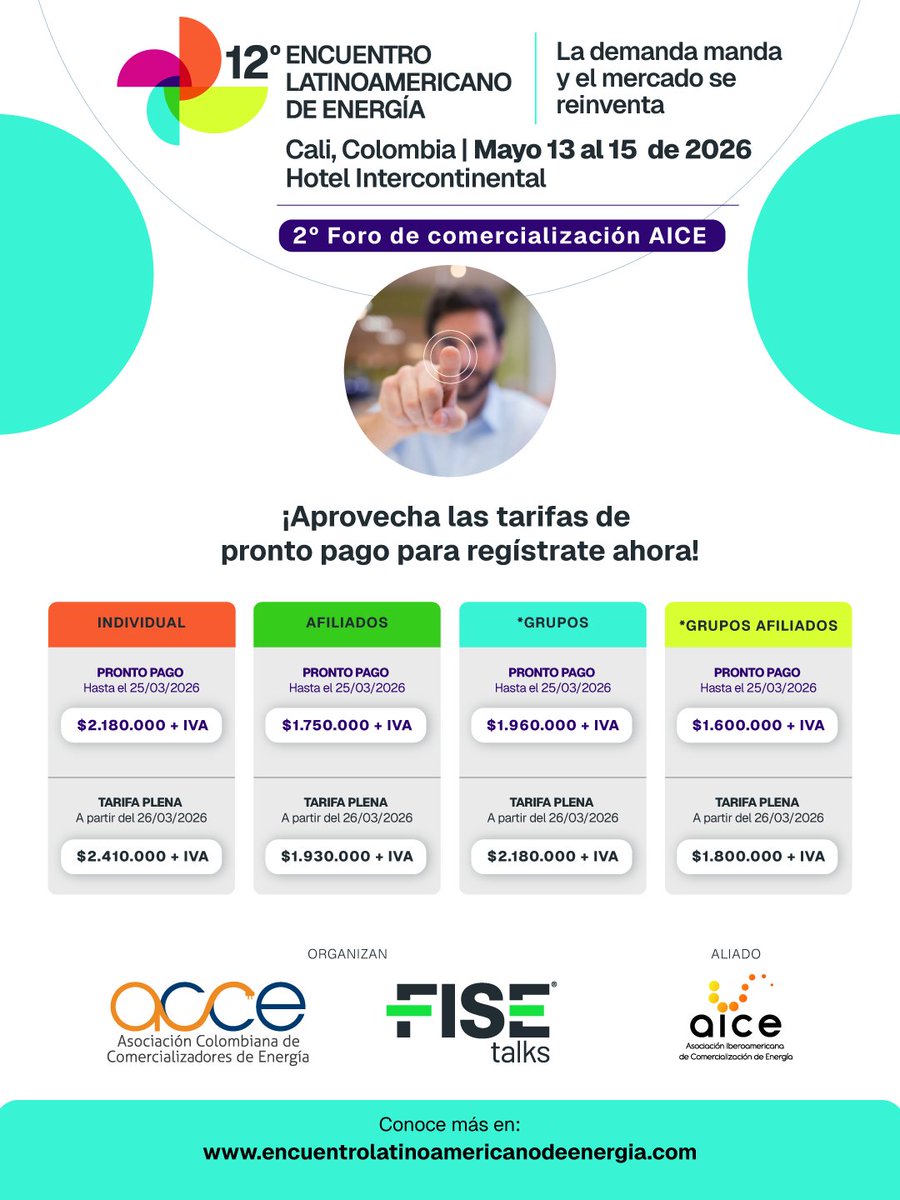 Asegura tu cupo en el 12° Encuentro Latinoamericano de Energía, del 13 al 15 de mayo en Cali, Colombia. Sé parte del evento que reúne a los líderes de la comercialización de energía en la región.

👉 Regístrate hoy en encuentrolatinoamericanodeenergia.com