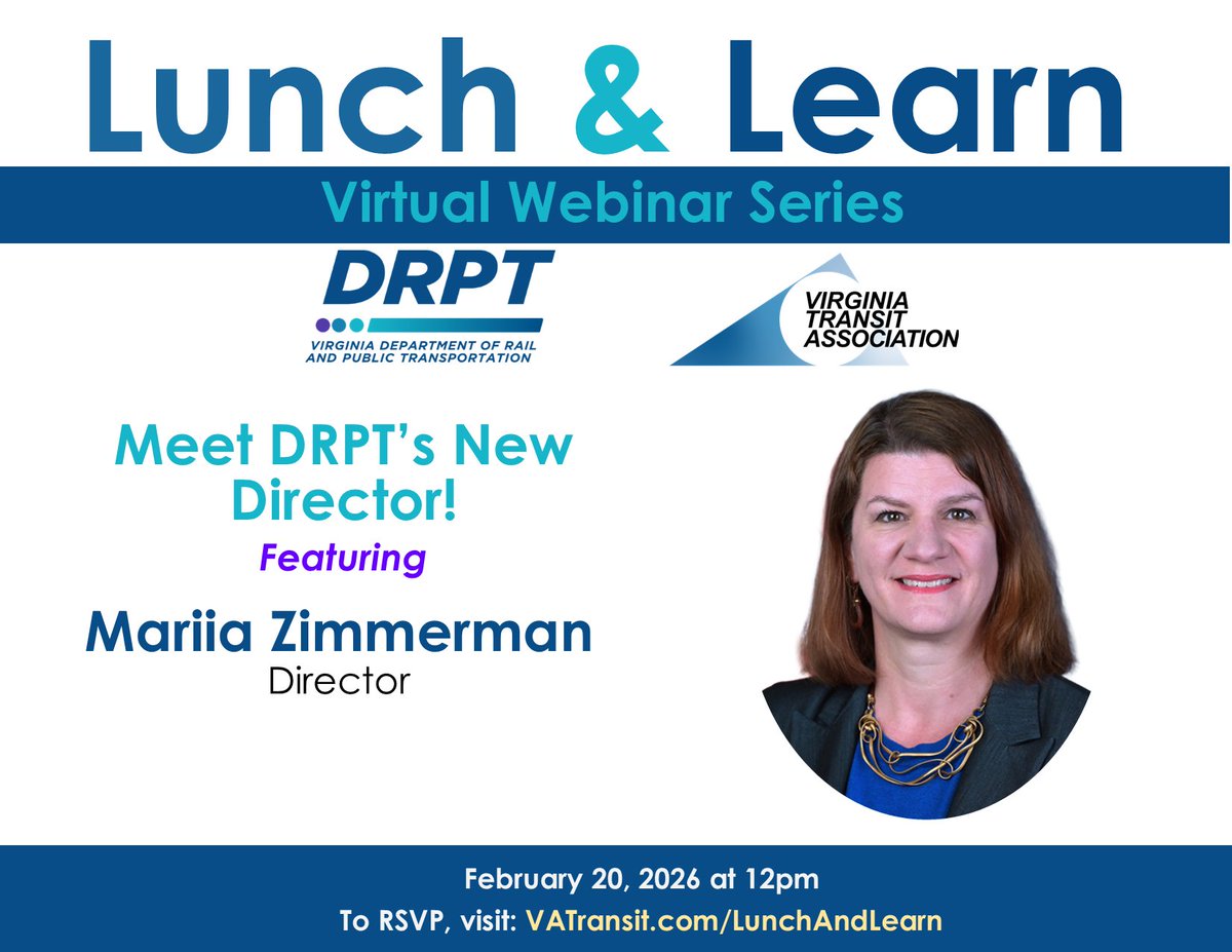 VaTransitAssoc's tweet image. Our next #LunchAndLearn session is in 2 days! Join us in meeting @VirginiaDRPT's new director, Mariia Zimmerman this upcoming Friday at 12pm! 

Register now to join this webinar at➡️ vatransit.com/LunchAndLearn
