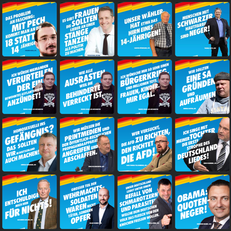 Es ist irgendwie ein verdammter Running-Gag, wenn #fckAfD Wähler fragen, was an der #fckAfD denn "nicht demokratisch" sei oder der Beweis für "Rechtsextrem" ja nicht erbracht ist. Sie bekommen dann das hier: 
(aber wahrscheinlich nicken die eher 16x anerkennend)