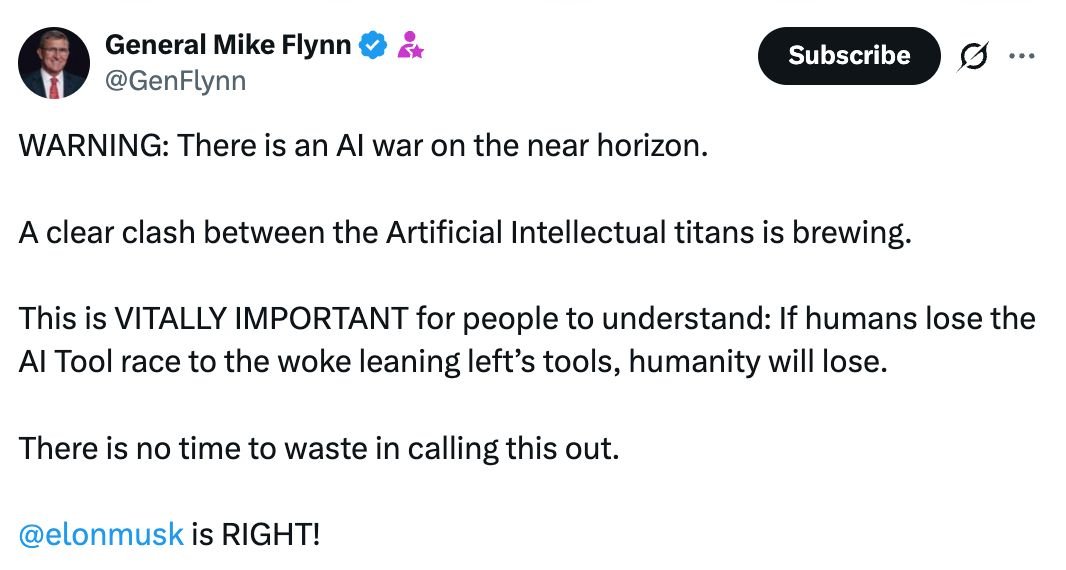MarioNawfal's tweet photo. 🚨 General Mike Flynn's backing Elon’s warning: 

If Grok doesn’t win the AI race, you can pretty much welcome your surveillance state AI overlords.

The real political battle may be way beyond parties.

Source: @GenFlynn, @elonmusk, @grok https://t.co/IR0yjvDdrt