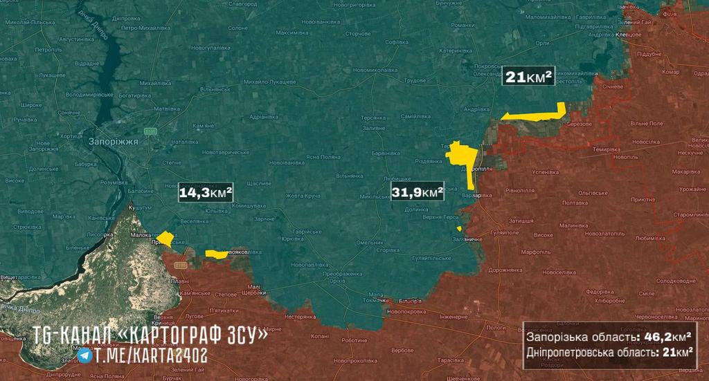 Soupedesques's tweet image. ‼️🇺🇦🇷🇺
Cartographie des gains ukrainiens en février officiellement confirmés...😎⬇️

Les succès de l'armée ukrainienne à Zaporijia et dans la région de Dnipropetrovsk en février.

➡️ À Zaporijia, 14,3 km² ont été libérés sur le front de Zaporijia et 31,9 km² sur le front de