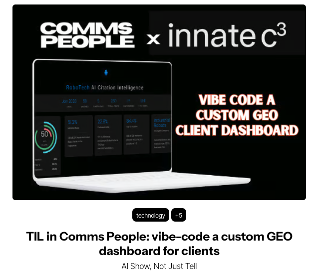 CommsPeople's tweet photo. The coolest part about being a consultant in the age of AI is that you can build custom tools for your clients. Today in comms people, we break down how to build a custom GEO dashboard.

Read more here: https://t.co/3UdIN7oX6E https://t.co/6Q0wocEqYB