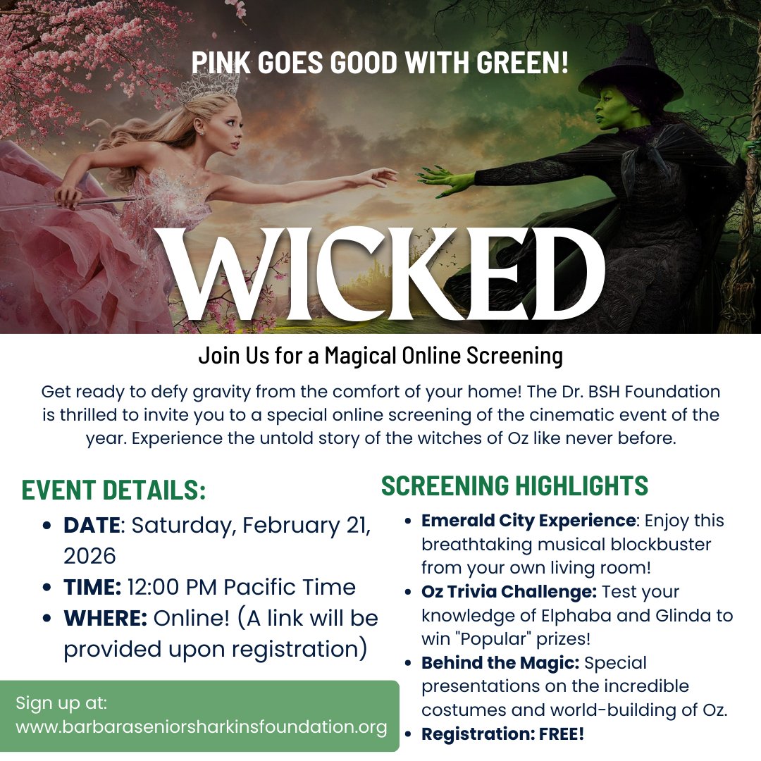 Pink goes good with green! 💖💚 The Dr. BSH Foundation invites you to a magical online screening of WICKED! ✨🎬 Experience the untold story of Elphaba and Glinda from the comfort of your home. Before the ruby slippers, there was a friendship that changed Oz forever.