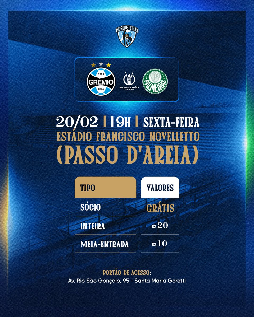 AGORA É AO TEU LADO 🇪🇪💙 Chegou a hora de estrear no #BrFeminino2026 com teu alento! Bora garantir lugar no duelo desta sexta-feira. Com o apoio dos Tricolores no Estádio Francisco Novelletto (Passo d’Areia), vamos batalhar por essa vitória!

Os ingressos já estão disponíveis: