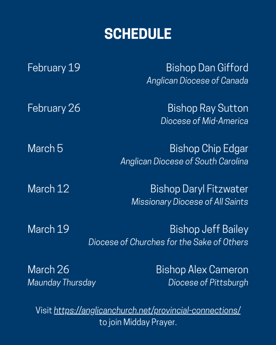 The_ACNA's tweet photo. As we enter into this Lenten season, please consider joining Bishop Julian Dobbs, Dean of the Province, and other bishops as they lead us in Midday Prayer every Thursday in Lent from 12:30 until approximately 1:10pm EST. 

Click to learn more: https://t.co/sUvW5T5AHj https://t.co/4gfJmQRj9t