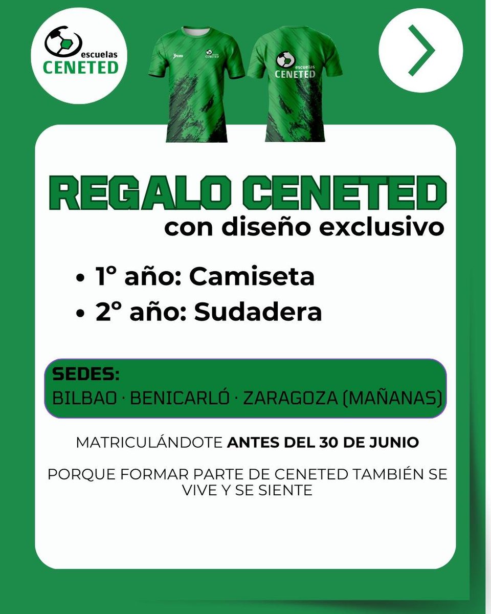 ceneted's tweet photo. 🎓⚽ Formación oficial en fútbol con ventajas exclusivas
Si te matriculas dentro de plazo, empiezas con ventaja 
✅ 15% de descuento
🎁 Regalo exclusivo Ceneted
Camiseta (1º) o sudadera (2º)

📩 Escríbenos y te orientamos según tu perfil.
⏳ Promociones limitadas por fecha y sede https://t.co/c5V0NFnmVA