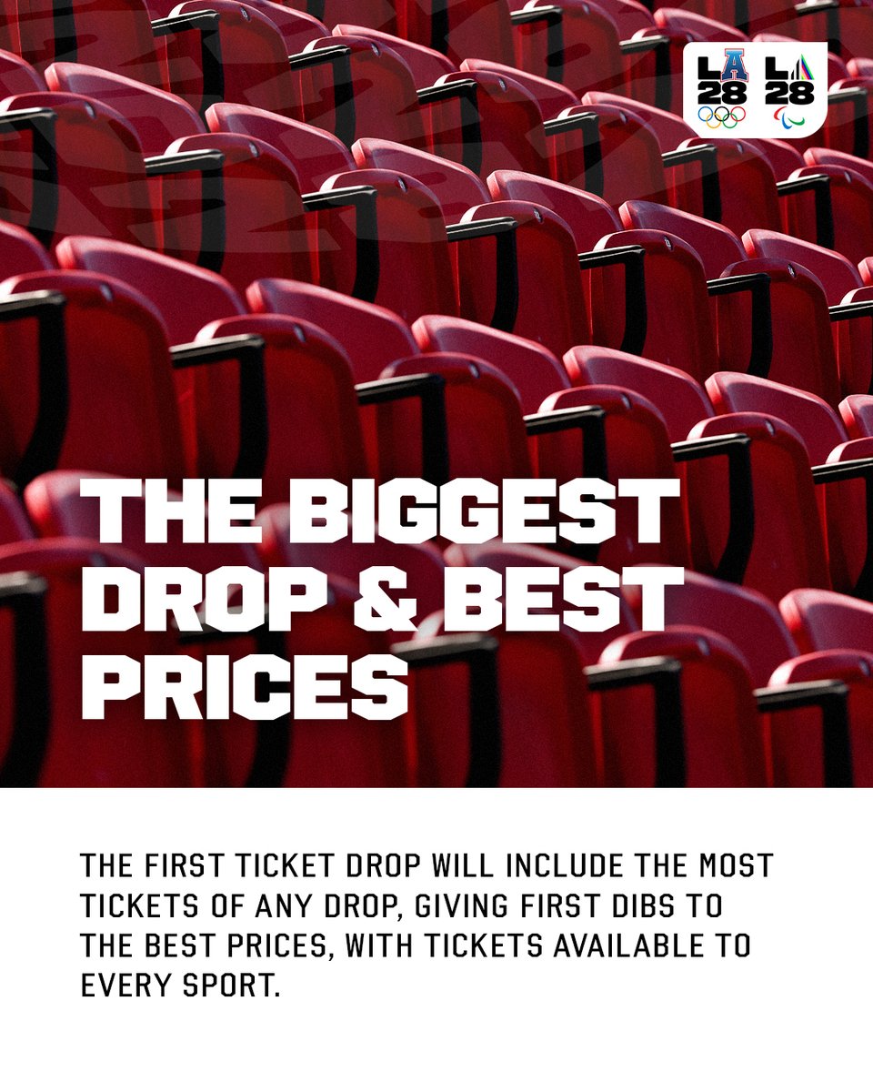 LA28's tweet photo. Why all the urgency? Because you don't want to miss your chance to get first dibs on the most comprehensive and affordable offering of LA28 Olympics tickets!

Swipe through for all the deets then register by March 18, 2026 to be included in the first draw*.

🔗: https://t.co/0BDvTMlali

*NO PURCHASE OR PAYMENT REQUIRED. RESTRICTIONS APPLY. TERMS SUBJECT TO CHANGE. VISIT https://t.co/cTi2aSDgnk FOR OFFICIAL TERMS.