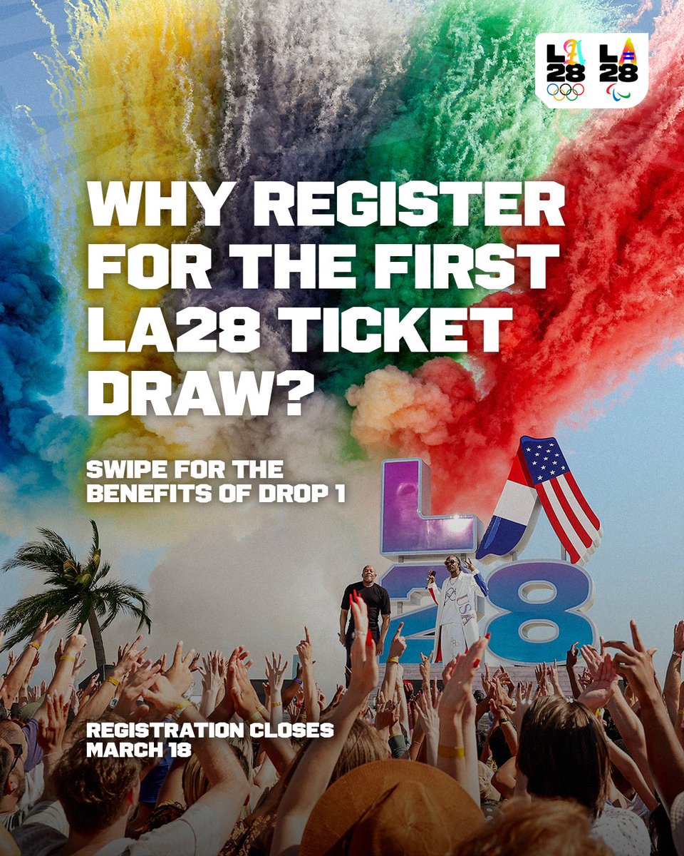 LA28's tweet photo. Why all the urgency? Because you don't want to miss your chance to get first dibs on the most comprehensive and affordable offering of LA28 Olympics tickets!

Swipe through for all the deets then register by March 18, 2026 to be included in the first draw*.

🔗: https://t.co/0BDvTMlali

*NO PURCHASE OR PAYMENT REQUIRED. RESTRICTIONS APPLY. TERMS SUBJECT TO CHANGE. VISIT https://t.co/cTi2aSDgnk FOR OFFICIAL TERMS.