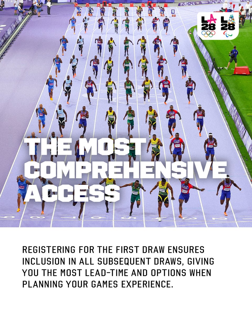 LA28's tweet photo. Why all the urgency? Because you don't want to miss your chance to get first dibs on the most comprehensive and affordable offering of LA28 Olympics tickets!

Swipe through for all the deets then register by March 18, 2026 to be included in the first draw*.

🔗: https://t.co/0BDvTMlali

*NO PURCHASE OR PAYMENT REQUIRED. RESTRICTIONS APPLY. TERMS SUBJECT TO CHANGE. VISIT https://t.co/cTi2aSDgnk FOR OFFICIAL TERMS.