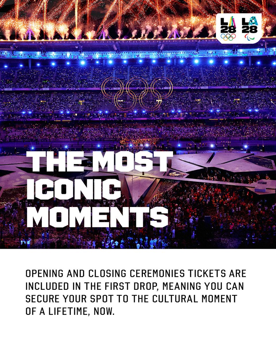 LA28's tweet photo. Why all the urgency? Because you don't want to miss your chance to get first dibs on the most comprehensive and affordable offering of LA28 Olympics tickets!

Swipe through for all the deets then register by March 18, 2026 to be included in the first draw*.

🔗: https://t.co/0BDvTMlali

*NO PURCHASE OR PAYMENT REQUIRED. RESTRICTIONS APPLY. TERMS SUBJECT TO CHANGE. VISIT https://t.co/cTi2aSDgnk FOR OFFICIAL TERMS.