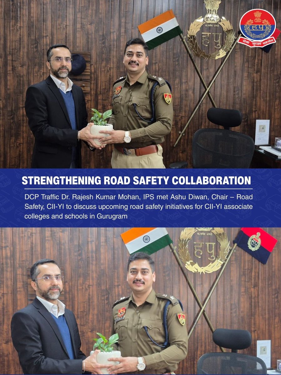 TrafficGGM's tweet photo. DCP Traffic @RajeshMohan102 met Ashu Diwan (CII-Yi) to plan road safety initiatives for Gurugram colleges & schools — promoting youth awareness and safer
roads.
#GurugramTrafficPolice #RoadSafety #SafeRoad https://t.co/jDFZa9IMJy