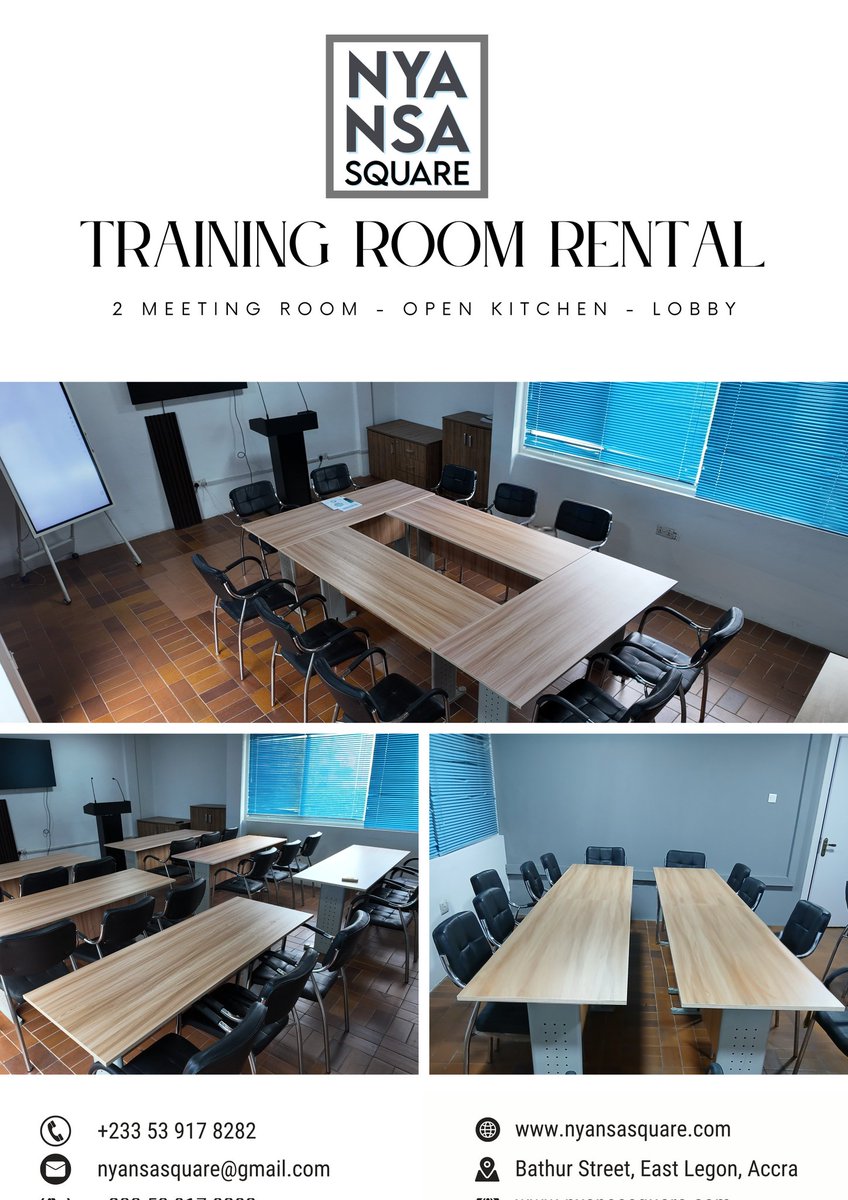 NyansaSquare's tweet image. Need a professional space for workshops or team training?

The Nyansa Square Training Room offers a comfortable, focused environment for productive sessions.
📍 East Legon | Meeting rooms | Open kitchen | Lobby access
#CorporateEvents 
#TrainingRoom
#WorkshopVenue
#AccraBusiness