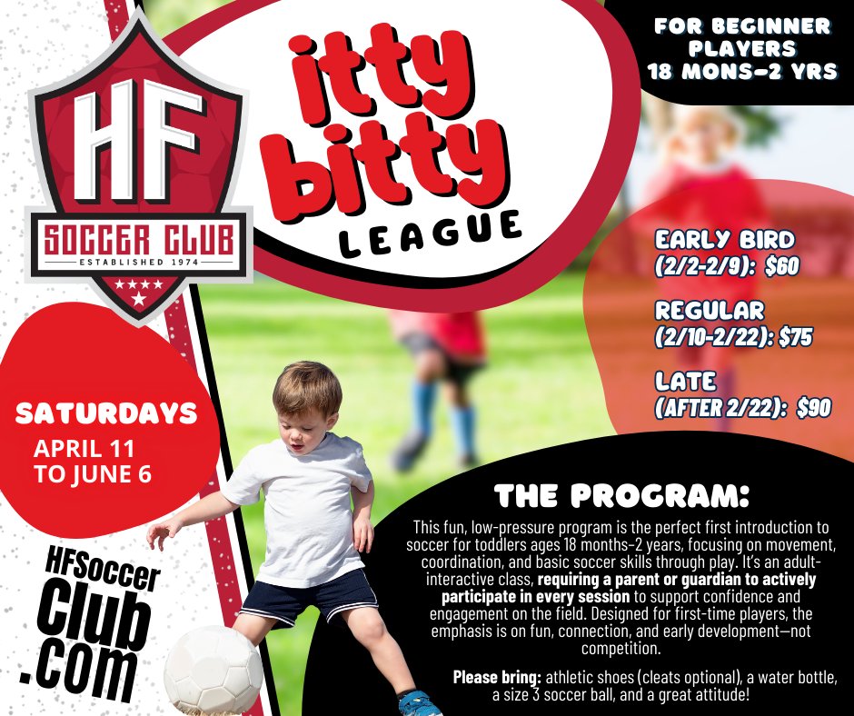 HFSoccerClub1's tweet photo. ⚽👶 Itty Bitty League is open!
Regular registration is $75 through Feb 22 — late fees apply after.

For beginner players 18 months–2 years.
🗓 Saturdays | April 11–June 6

Register now before prices increase!
👉 https://t.co/r9pbedDbh7 https://t.co/D4K7QCnne0